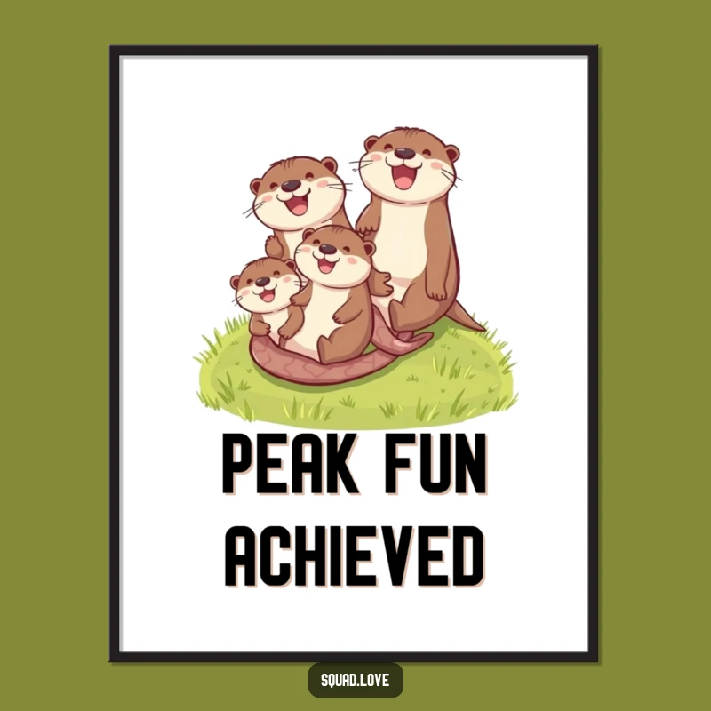 Funny Otter Family Digital Art: Grassy Hill Slide, Instant Joyful Download