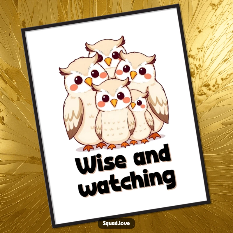 Funny digital art print of a smiling owl family huddled together, beak to beak, conveying warmth and humor.