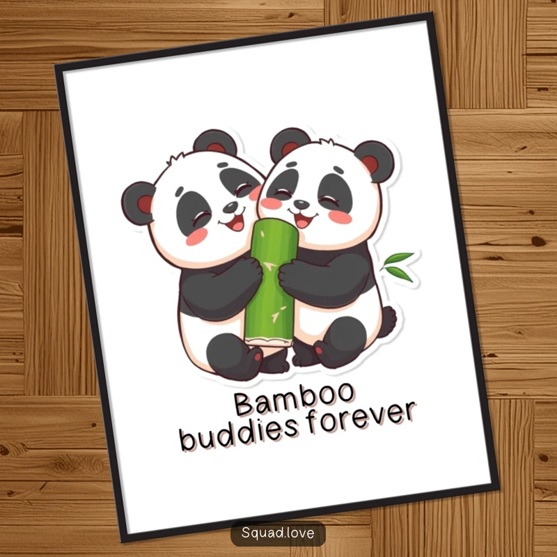 Funny Digital Art Print of two smiling pandas hugging and sharing bamboo, perfect for heartwarming and humorous wall art downloads.