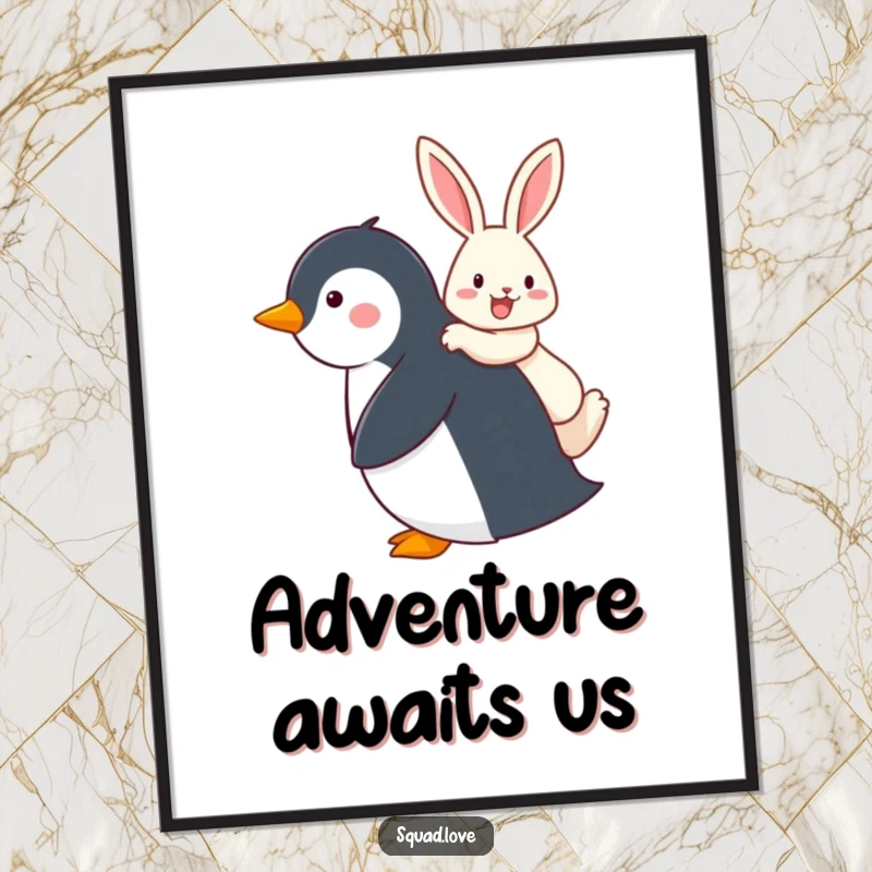 Funny digital art print of a penguin giving a happy rabbit a piggyback ride, ideal for instant wall decor and cheerful vibes.