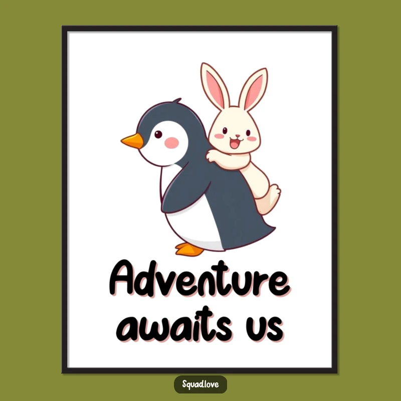 Funny Penguin & Rabbit Piggyback Digital Art, Instant Download Decor