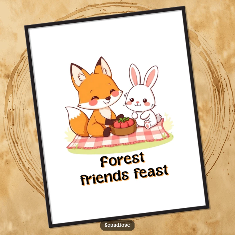 Funny digital art print of a smiling fox and a friendly rabbit sharing a picnic, radiating pure, gentle joy and harmony.