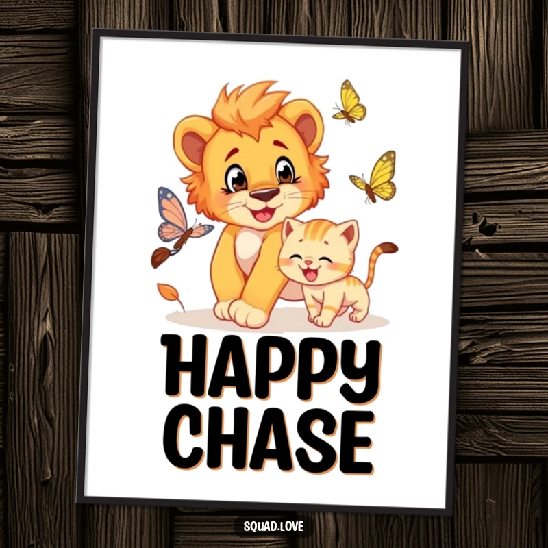 Funny digital art print of a lion cub playfully chasing a butterfly, with a grinning kitten enthusiastically involved.