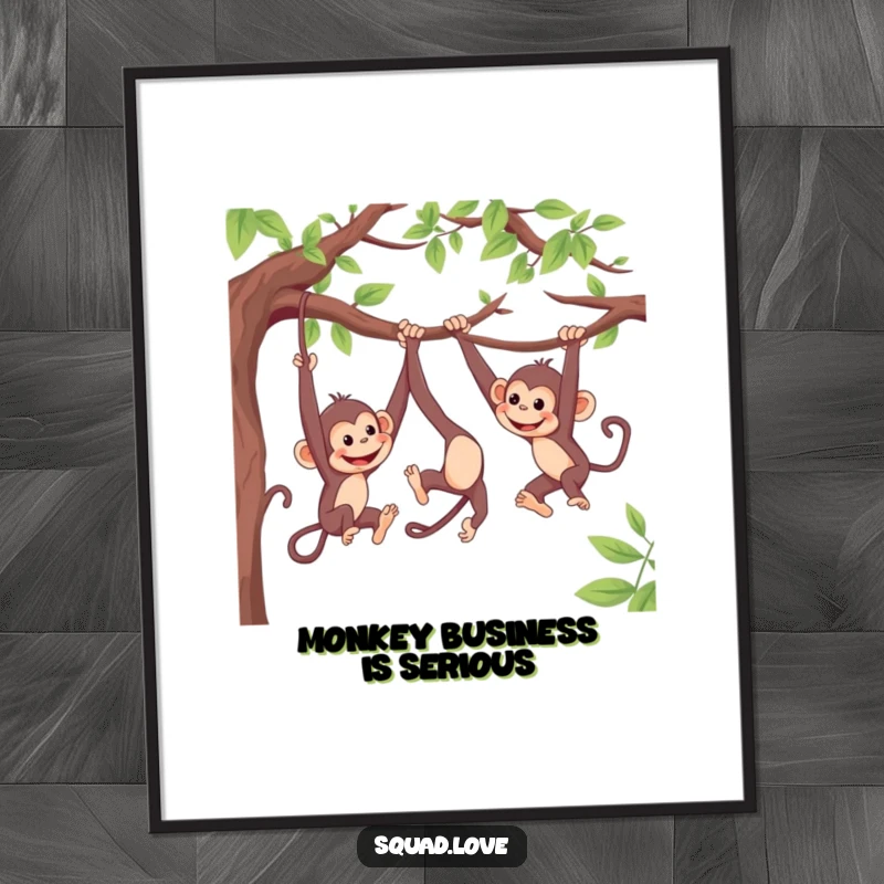 Funny digital art print of lively monkeys swinging from branches, playfully reaching for each other, perfect for humorous wall decor.