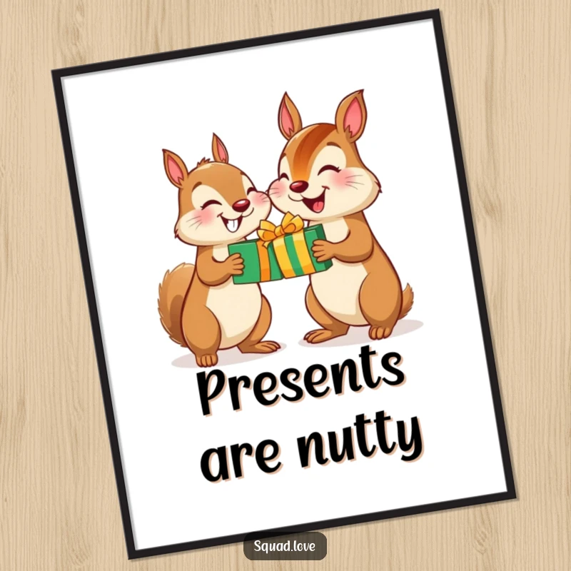 Funny Squirrel Chipmunk Gift Digital Art Print: High-resolution art of a happy squirrel and chipmunk exchanging gifts, ideal for humorous decor.