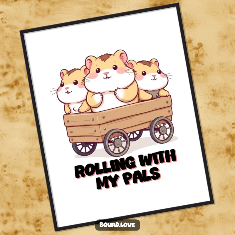 Funny digital art of a chubby hamster being pulled in a wagon by a group of supportive animal friends, celebrating friendship.