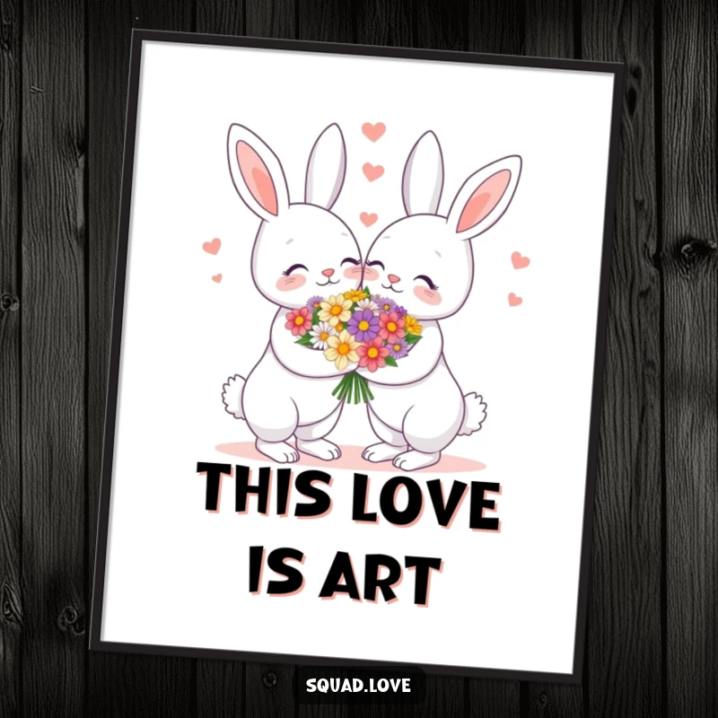 Funny digital art print of a loving bunny couple sharing a flower bouquet, adding romantic and cute ambiance to any space.