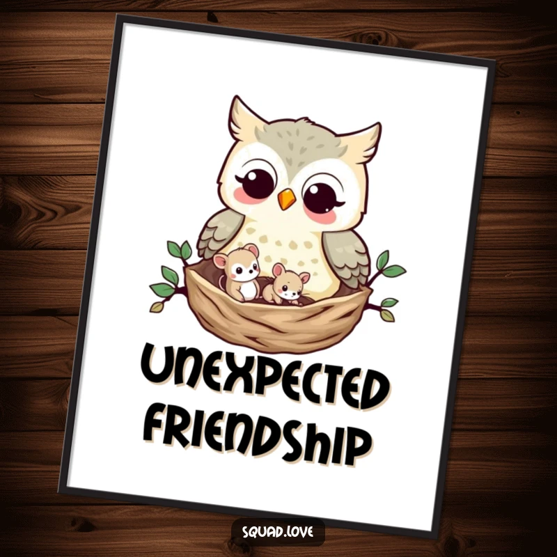 Funny Owl and Mouse Digital Art: A wise owl and a small mouse share a nest, a heartwarming illustration ready for instant download and printing.
