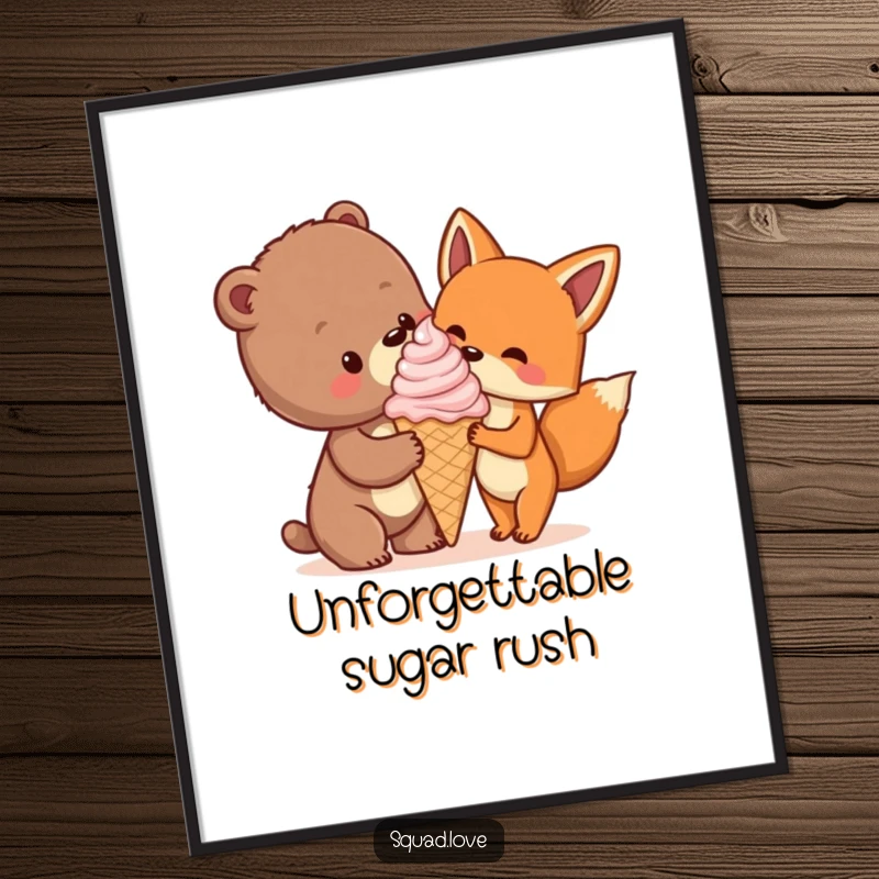 Funny digital art print of a bear cub and fox joyfully sharing a massive ice cream cone, ideal for instant wall decor.