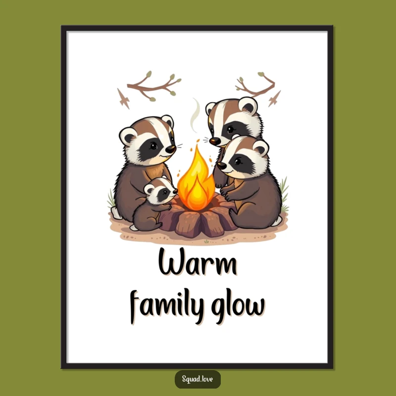Funny Badger Family Digital Art: Instant Cozy Campfire Print
