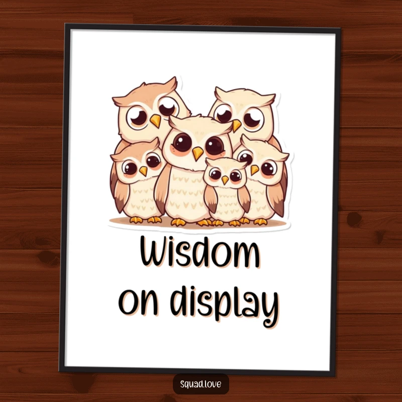 Funny owl family digital art print, a heartwarming illustration of smiling owls huddled together, ready to be displayed.