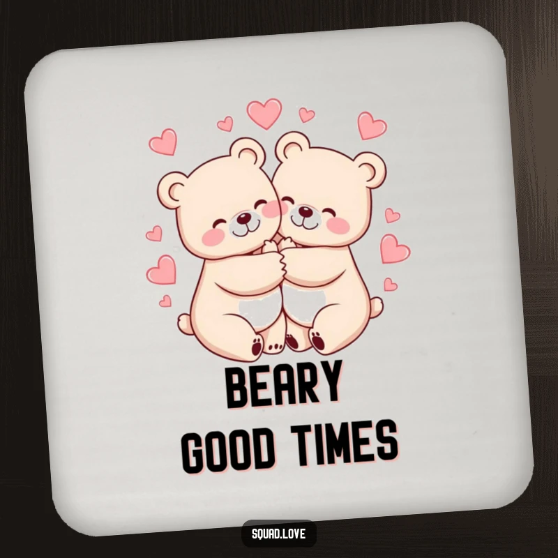 Funny drink coasters featuring two cheerful bears hugging tightly, surrounded by hearts, ideal for table protection.