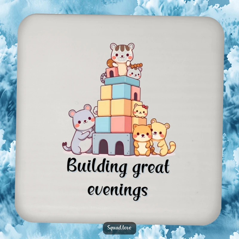 Funny drink coasters showcasing kawaii animals building a block tower, adding a humorous and cute accent to any beverage setting.