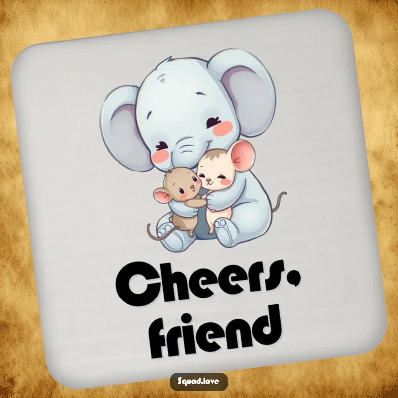Funny Elephant and Mouse Coaster: A gentle elephant hugs a tiny mouse, a heartwarming and protective addition to tables.