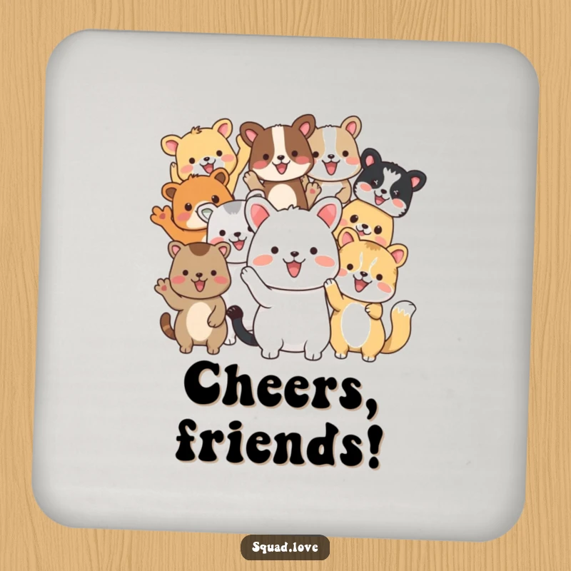 Funny coasters featuring diverse animal friends waving enthusiastically, adding a touch of cheerful friendship and fun to any surface.