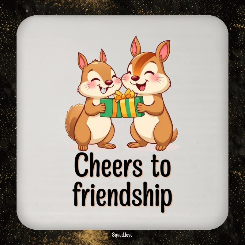 Funny Squirrel Chipmunk Gift Coaster: A squirrel and chipmunk smiling while exchanging gifts, offering a protective and humorous surface.