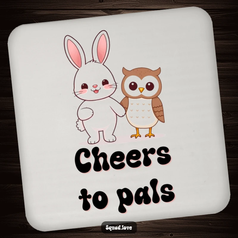 Funny beaming kawaii bunny and smiling owl holding hands on durable, decorative, and funny drink coasters.