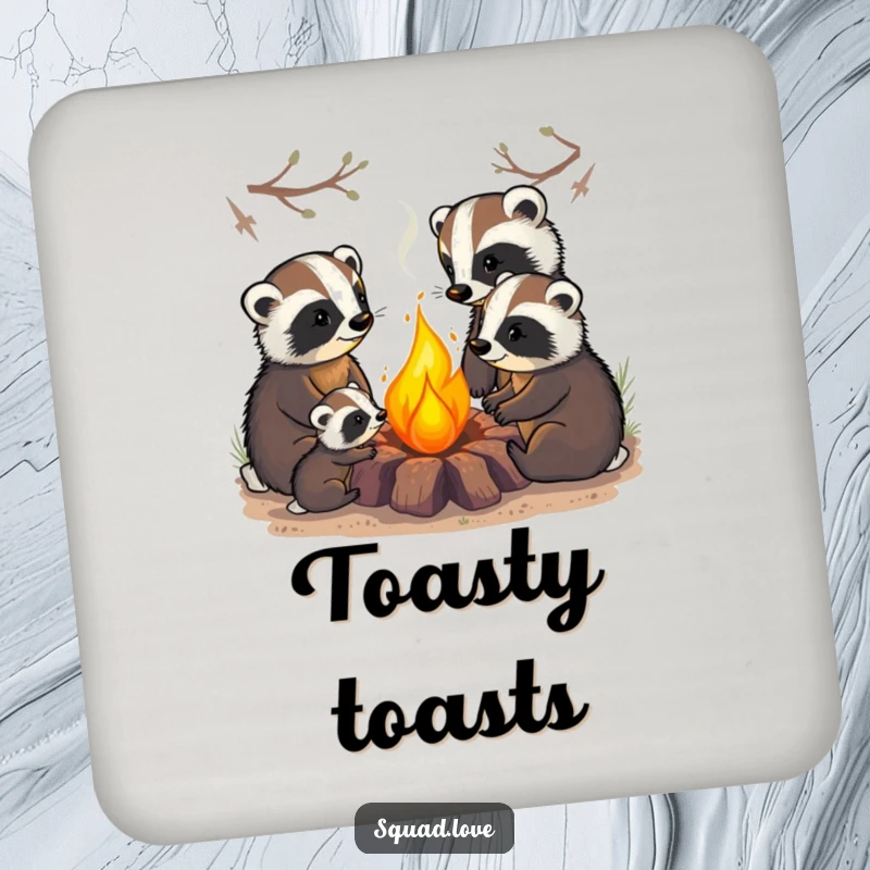 Funny coaster with a badger family cozily gathered around a warm campfire, protecting surfaces with woodland charm and campfire comfort.