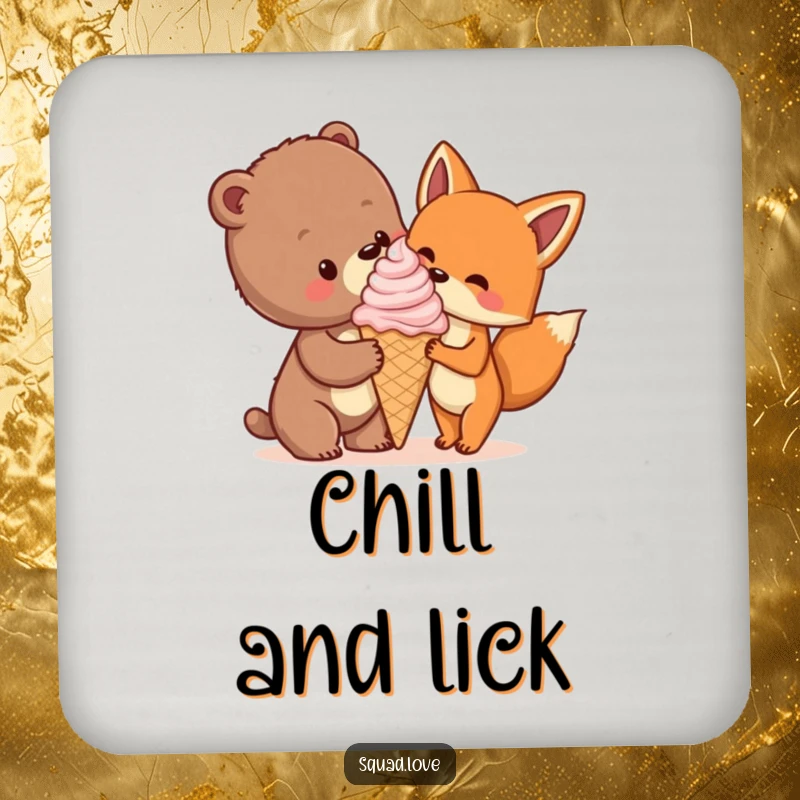 Funny coasters featuring a bear cub and fox sharing a huge ice cream cone, adding a touch of whimsy to tabletops.