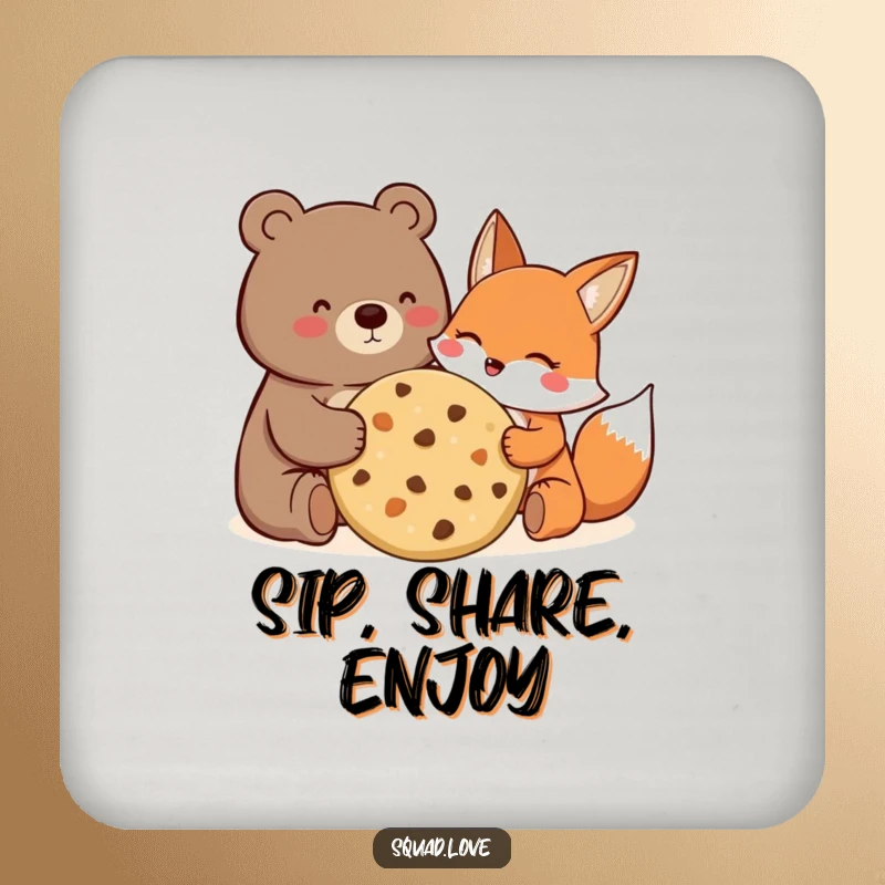 Funny Coaster featuring a happy bear and fox sharing a giant cookie, providing protection and a joyful vibe.