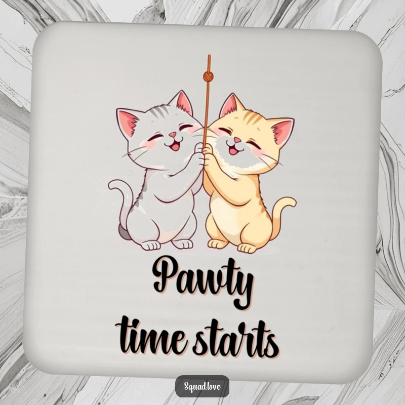 Funny drink coasters showing two smiling cats playing with a string, adding playful charm and protection.