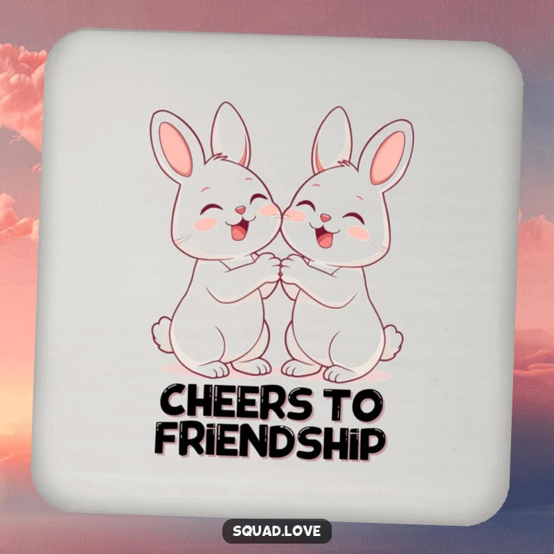 Funny drink coaster featuring two giggling bunnies holding paws, adding cute friendship humor and surface protection.