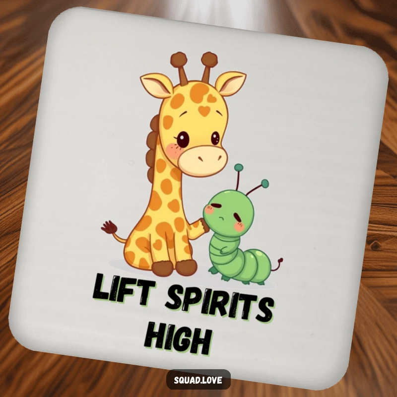 Funny coasters showing a tall giraffe gently patting a small, sad caterpillar, adding a touch of kindness to any surface.