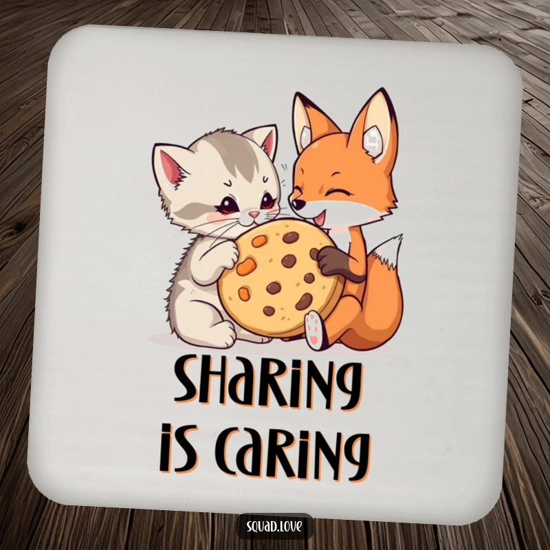 Funny kitten and fox drink coasters featuring a playful kitten and a fox sharing a giant cookie, protecting surfaces.