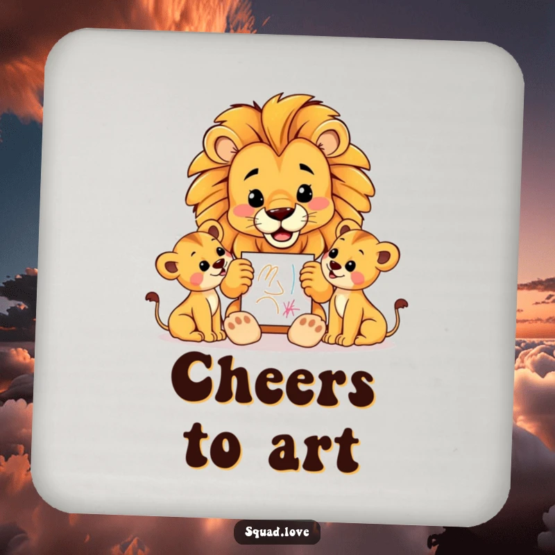 Funny coaster with a proud lion father displaying a crayon drawing to his cubs, protecting surfaces with paternal pride and artistic charm.