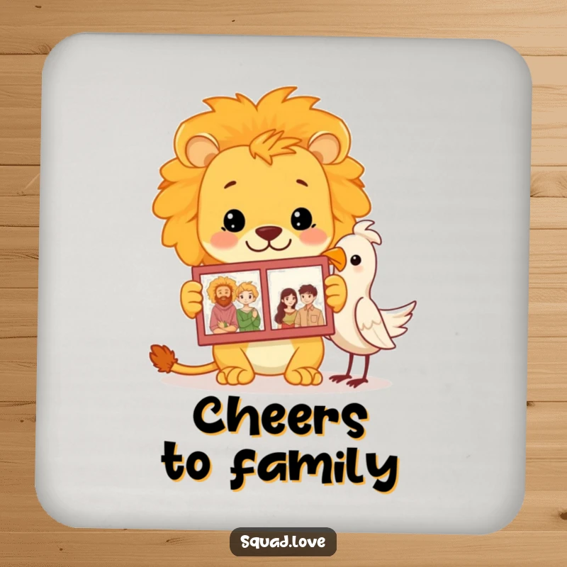 Funny lion family album drink coasters featuring a proud lion showing a photo album to a bird, protecting surfaces.
