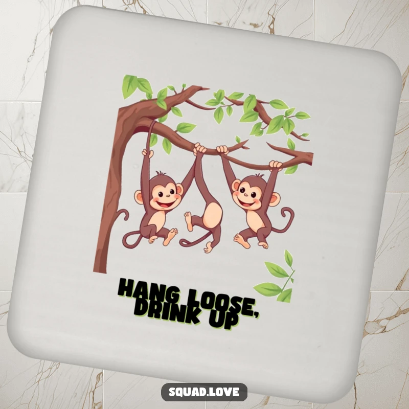 Funny coasters with energetic monkeys swinging on branches, playfully reaching for each other, adding humorous charm to surfaces.