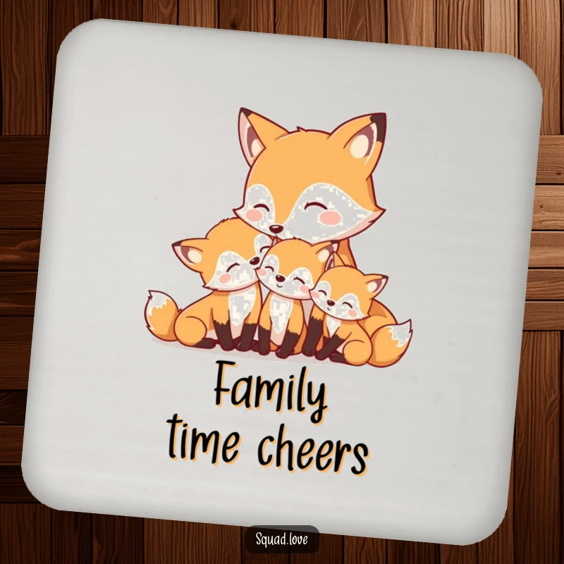 Funny mother fox nuzzling her smiling kits on protective drink coasters, set of [X].