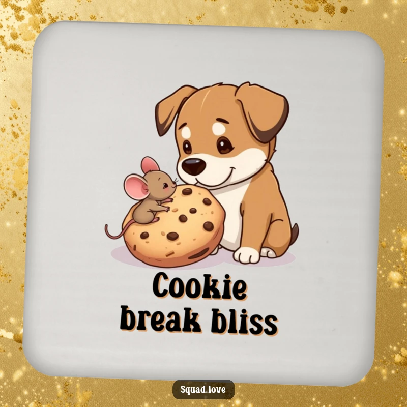 Funny drink coasters with a tiny mouse sharing a giant cookie with a big dog, protecting surfaces with adorable charm.