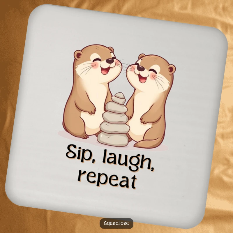Funny coaster with two laughing otter friends balancing stones, protecting surfaces with playful humor and charming camaraderie.