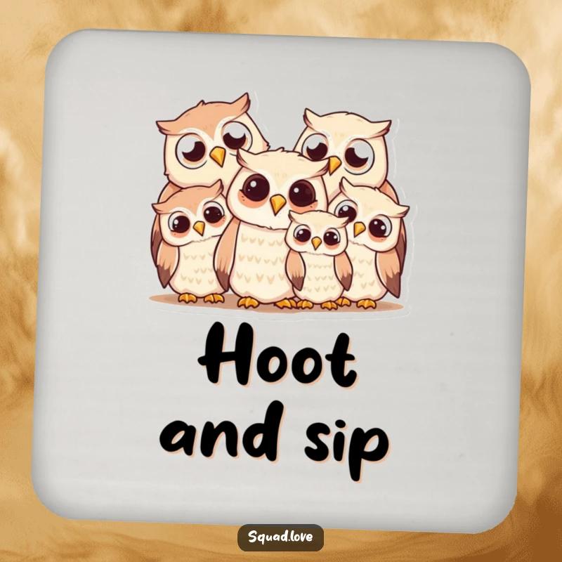 Funny owl family drink coasters, depicting a smiling huddle of owls, protecting surfaces with a touch of warmth.