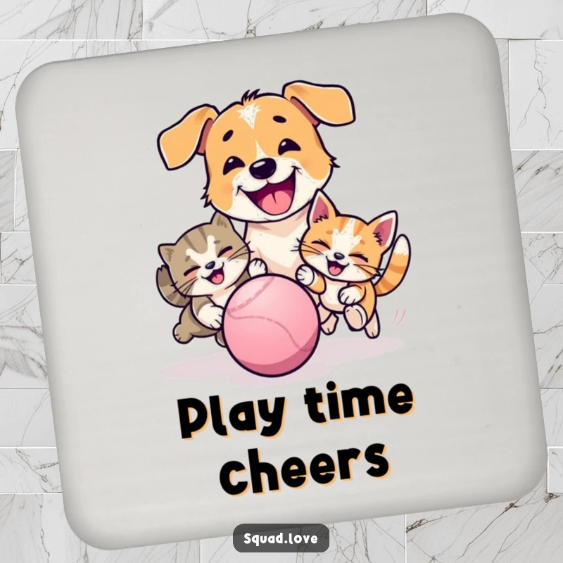 Funny drink coaster depicting a happy dog and cat playfully chasing a ball, adding a touch of pet-themed humor.