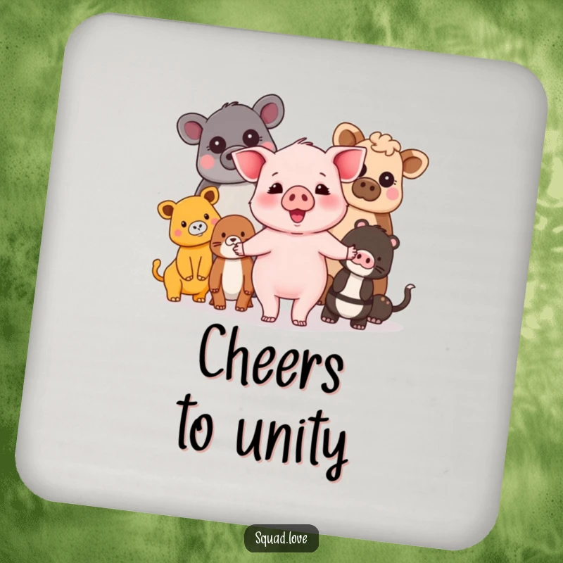 Funny piglet and friends drink coasters featuring a happy piglet holding hands with a diverse group of animals, promoting unity.