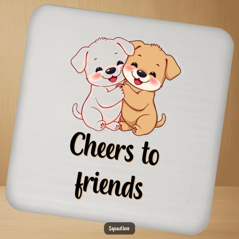Funny puppy hug drink coasters featuring two smiling puppies hugging tightly, paws linked, offering both protection and cuteness.