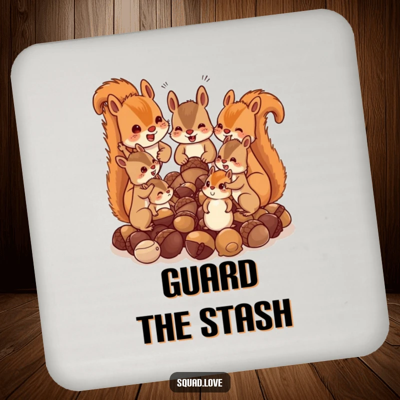 Funny coasters featuring a squirrel family chattering over acorns, adding a touch of playful humor and woodland charm to any surface.