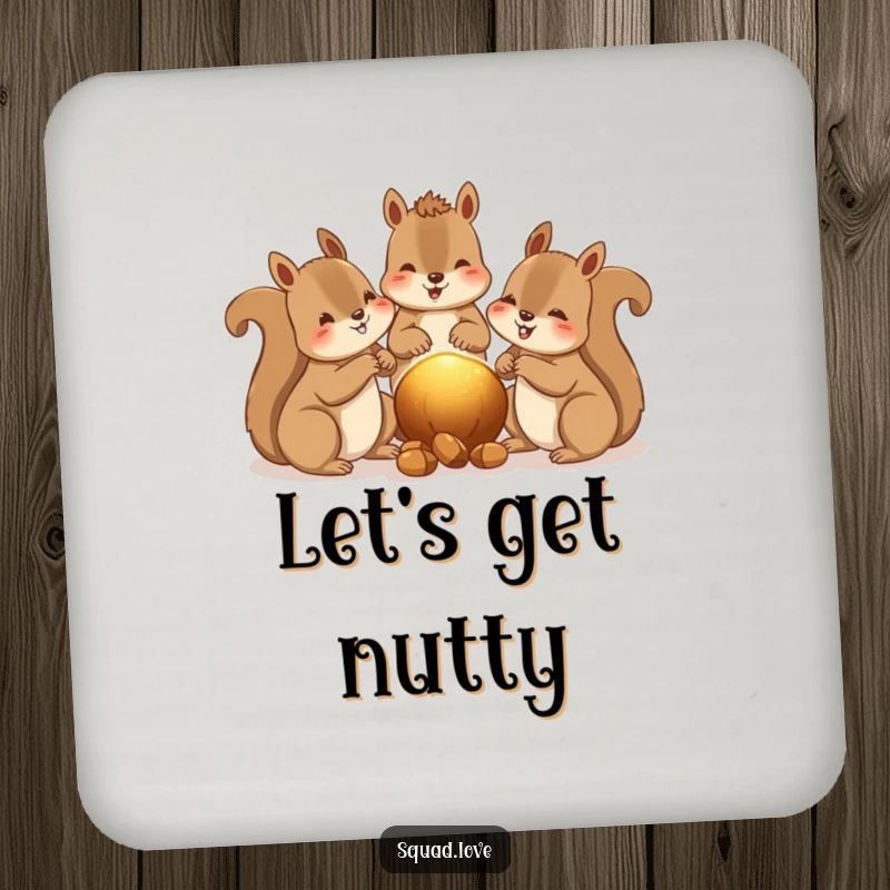 Funny drink coasters featuring happy squirrels sharing nuts, a warm glow between them, ideal for table protection.