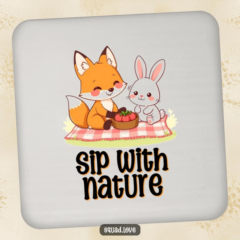 Funny drink coaster depicting a smiling fox and a friendly rabbit sharing a picnic, adding a touch of woodland humor.