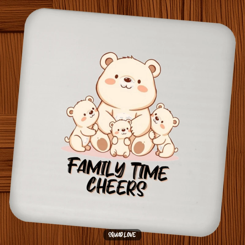 A proud kawaii mama bear watching her playful cubs, depicted on protective drink coasters.