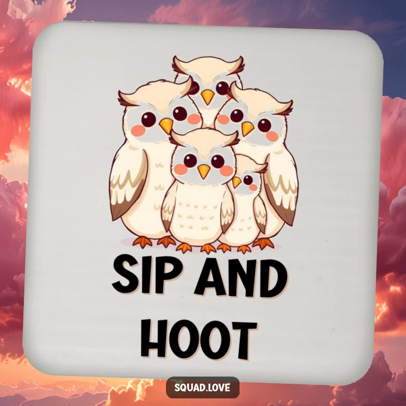 Funny owl family in a close hug with happy smiles on protective drink coasters, set of [X].