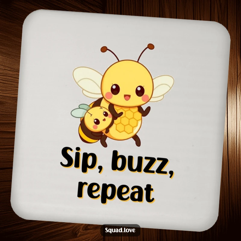 Funny coasters featuring a proud parent bee showing a smaller bee a honeycomb, adding a touch of humorous family charm to any table.