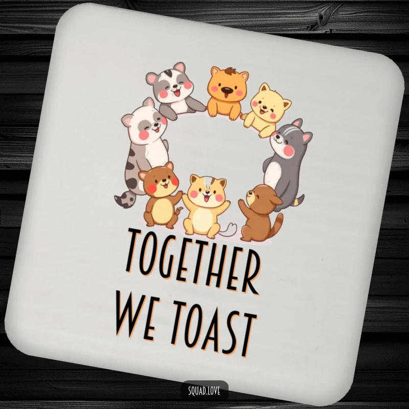 Funny animal friends holding hands in a laughing circle on protective drink coasters, set of [X].