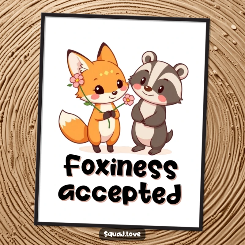 Funny poster art of a playful fox giving a flower to a smiling badger, creating a heartwarming scene of woodland friendship.