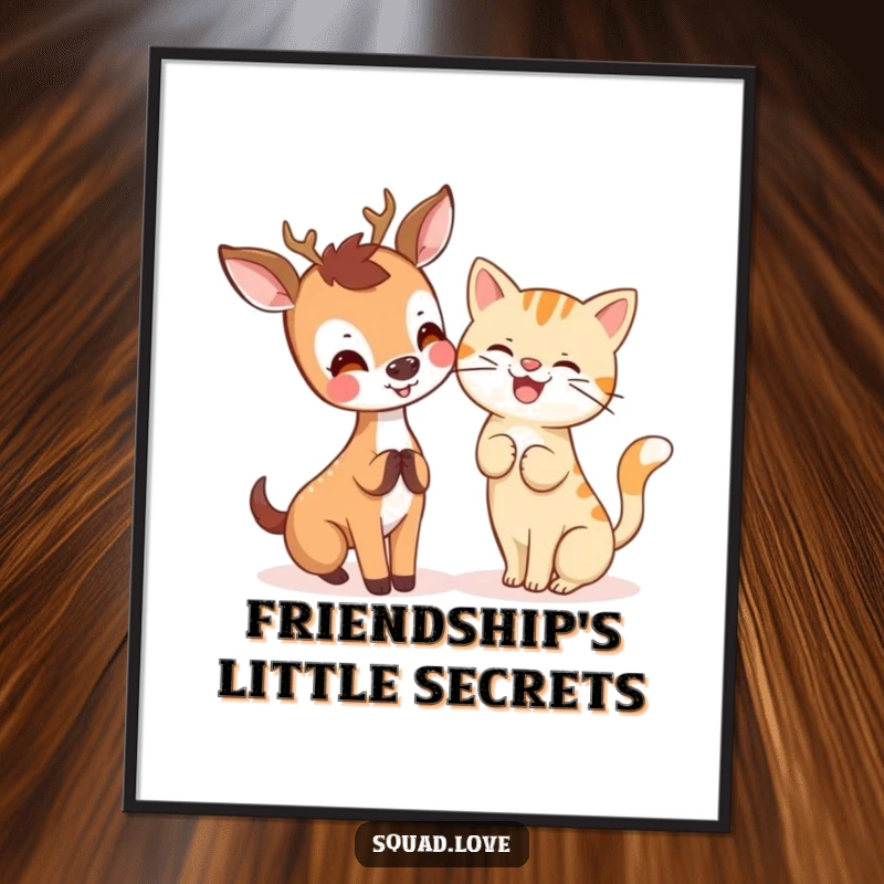 A joyful kawaii deer whispering a secret to a giggling cat, presented as whimsical wall art.