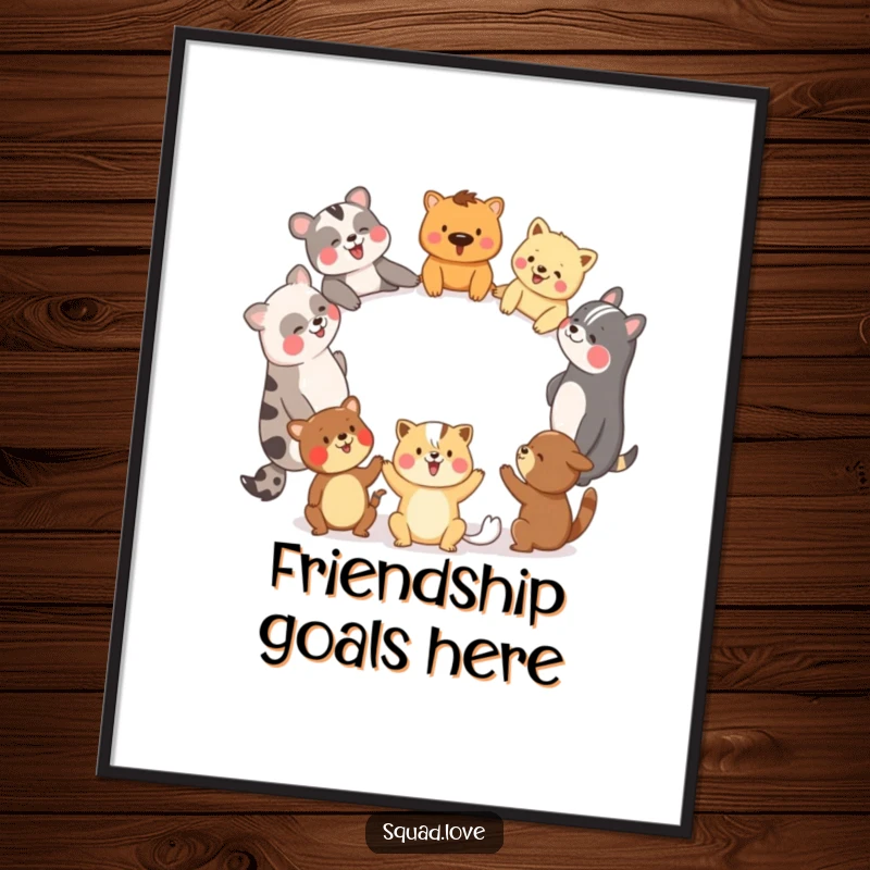Funny poster art depicting a circle of diverse animal friends holding hands and laughing joyfully together.