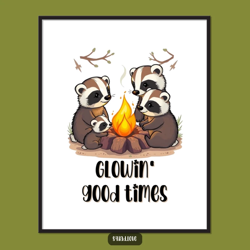 Funny Badger Family Poster: Warm Campfire Art for Cozy Homes