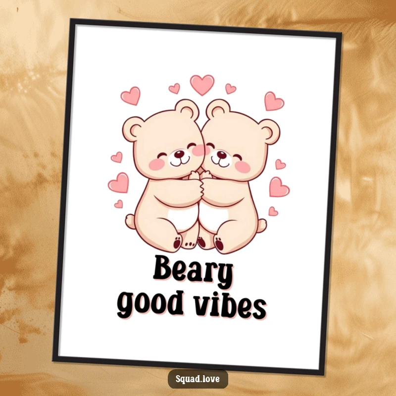 Funny poster print of two cheerful bears hugging tightly, surrounded by hearts, symbolizing love and togetherness.